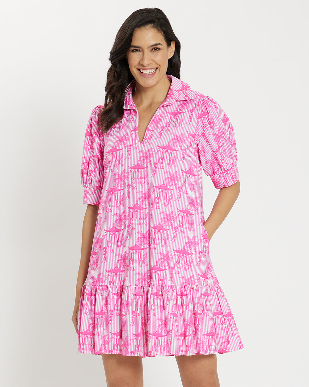 Alexia Dress Jude Cloth in Pagoda Pinstripe Peony