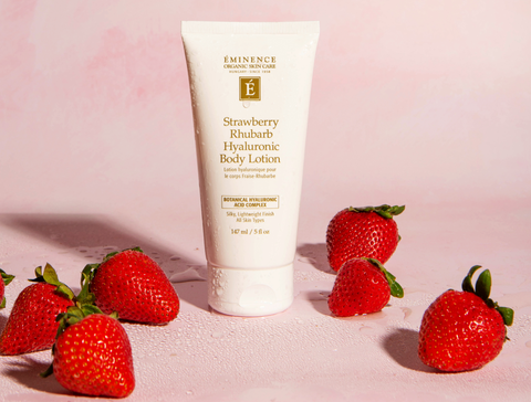 Eminence Organics Strawberry Rhubarb Hyaluronic Body Lotion Now Available at The Facial Room