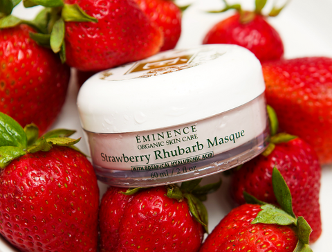 eminence organic skin care strawberry rhubarb masque in bowl of strawberries The Best Organic Skincare Routine For Dry Skin Eminence Organics The Facial Room