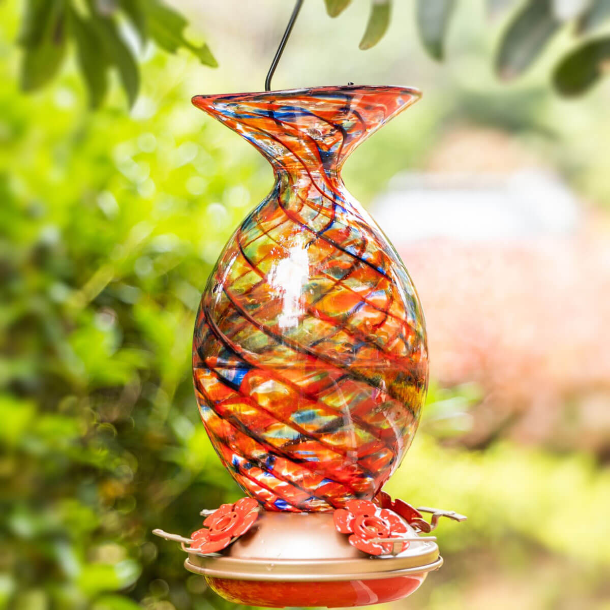 Muse Garden Unique Blown Glass Hummingbird Feeder, Orange Fireworks