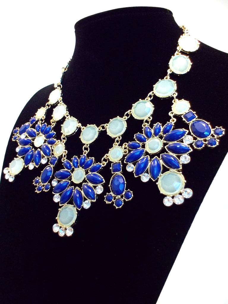 Jeweled Floral Snowflakes Statement Necklace- Blue – KAY K COUTURE
