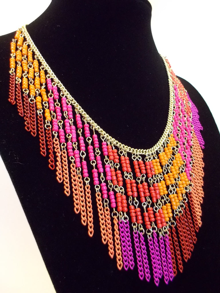 Boho Beaded Fringe Statement Necklace- Pink – KAY K COUTURE