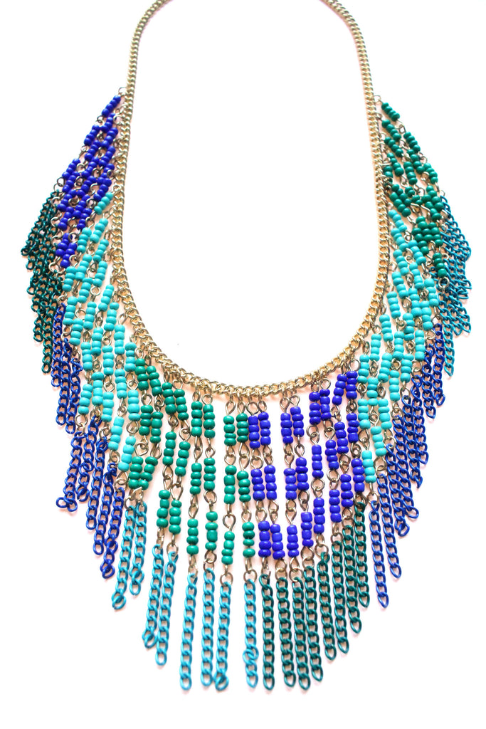 Boho Beaded Fringe Statement Necklace- Blue – KAY K COUTURE