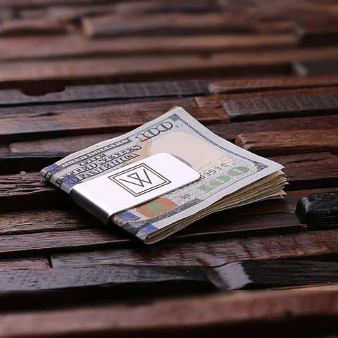 Personalized Monogrammed Money Clip Polished Stainless Steel with Wood Box - Assorted - Mens Gifts