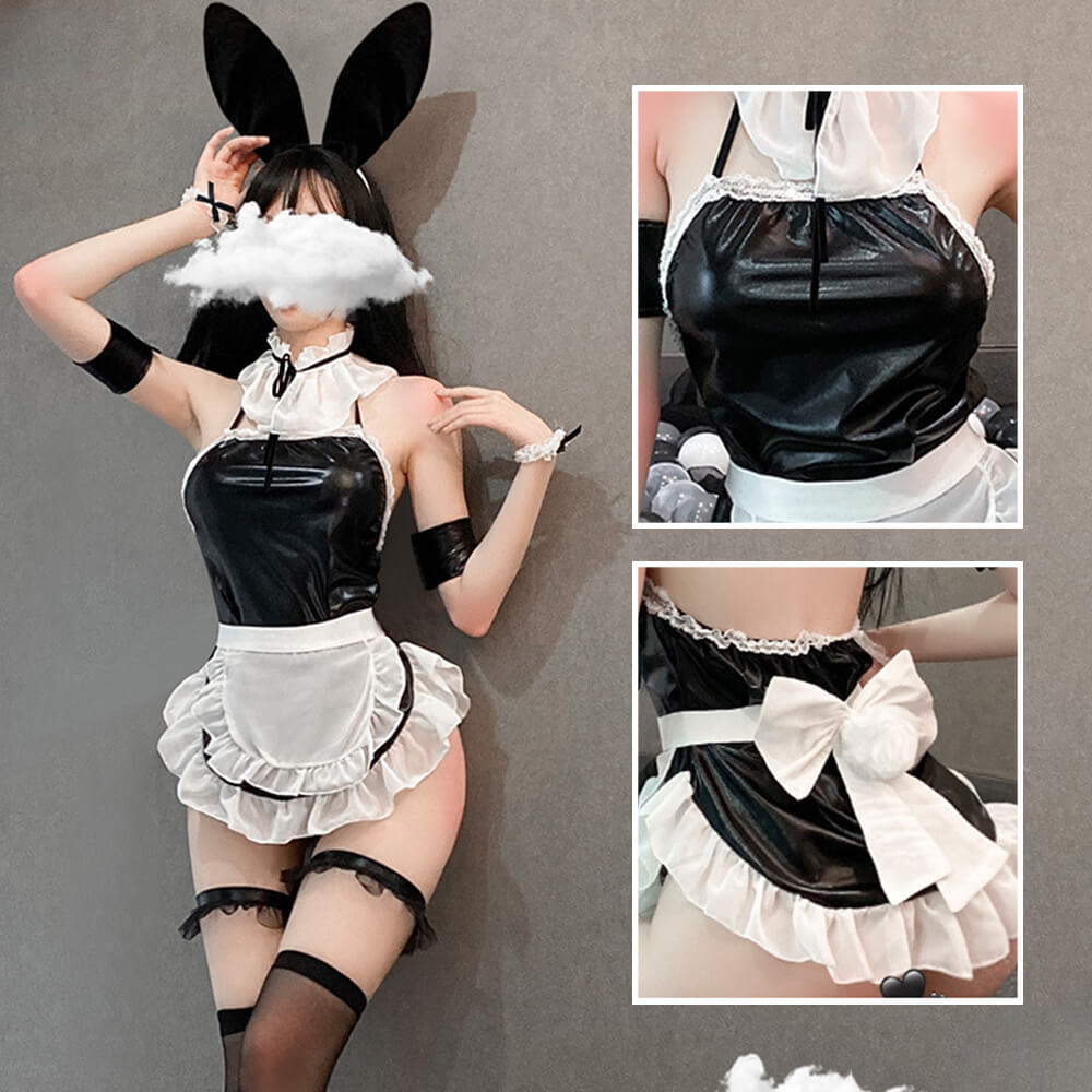 Sexy Bunny Anime Lingerie Patent Leather One Piece Apron Backless Maid