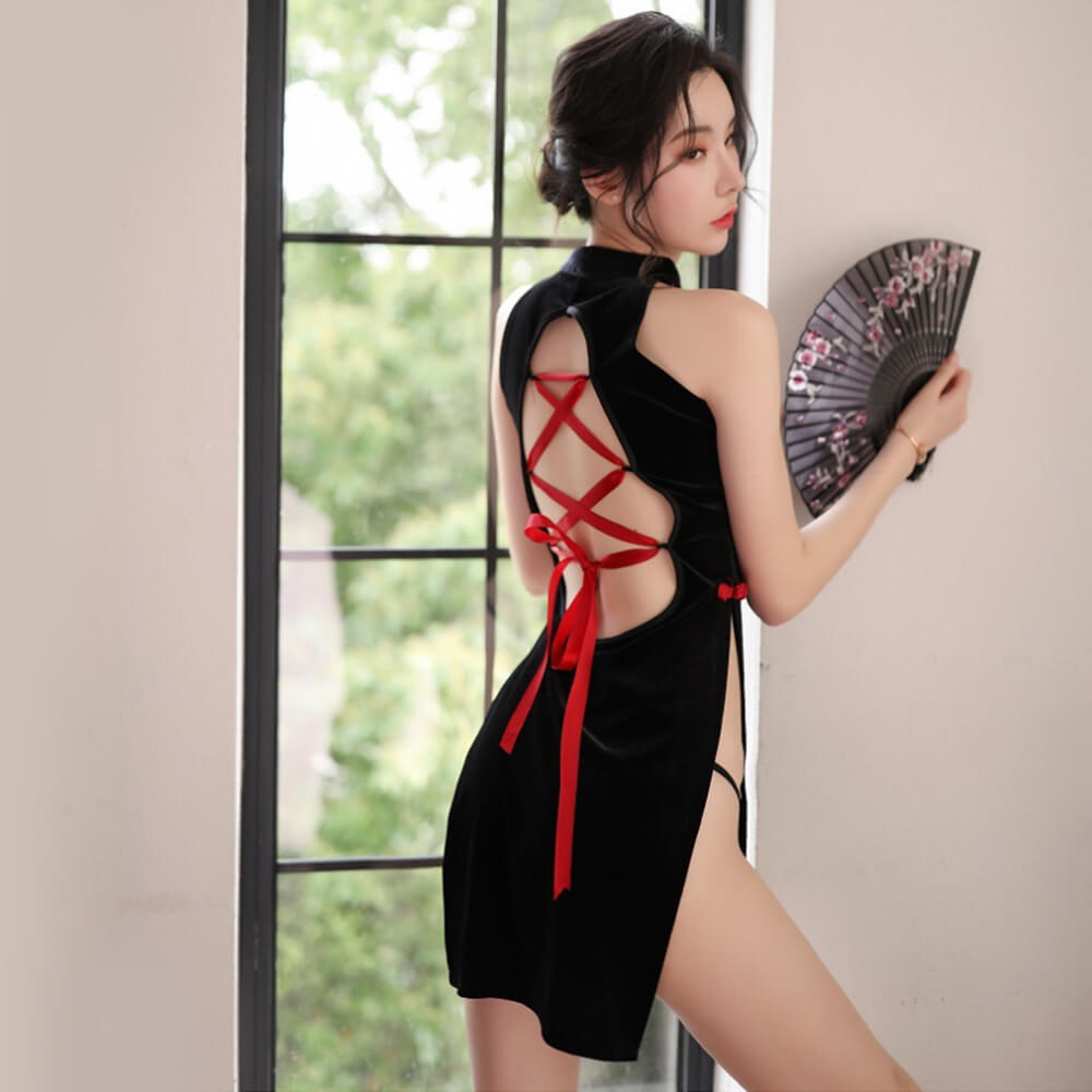 Sexy Hot Cheongsam Side Split Velvet Cross Straps Back Lingerie Costum Yomorio 