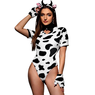 Sexy Cow Costume Back Zipper Lingerie Set Velvet Bodysuit Cosplay