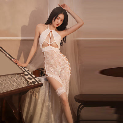 Sexy Cheongsam Dress Sheer Side Slit Lingerie Costume Chinese