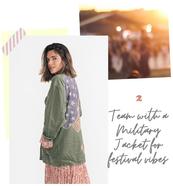 Model wearing the Free People Feeling Groovy Red Combo Maxi Dress styled with a military style jacket