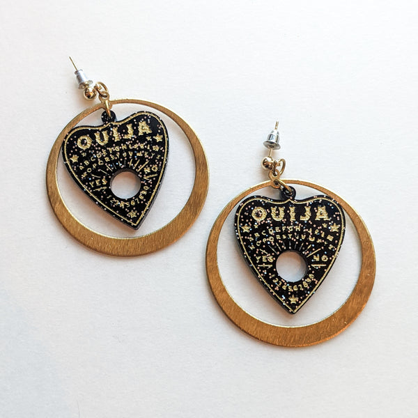Ouija Planchette and Brass Full Moon Earrings