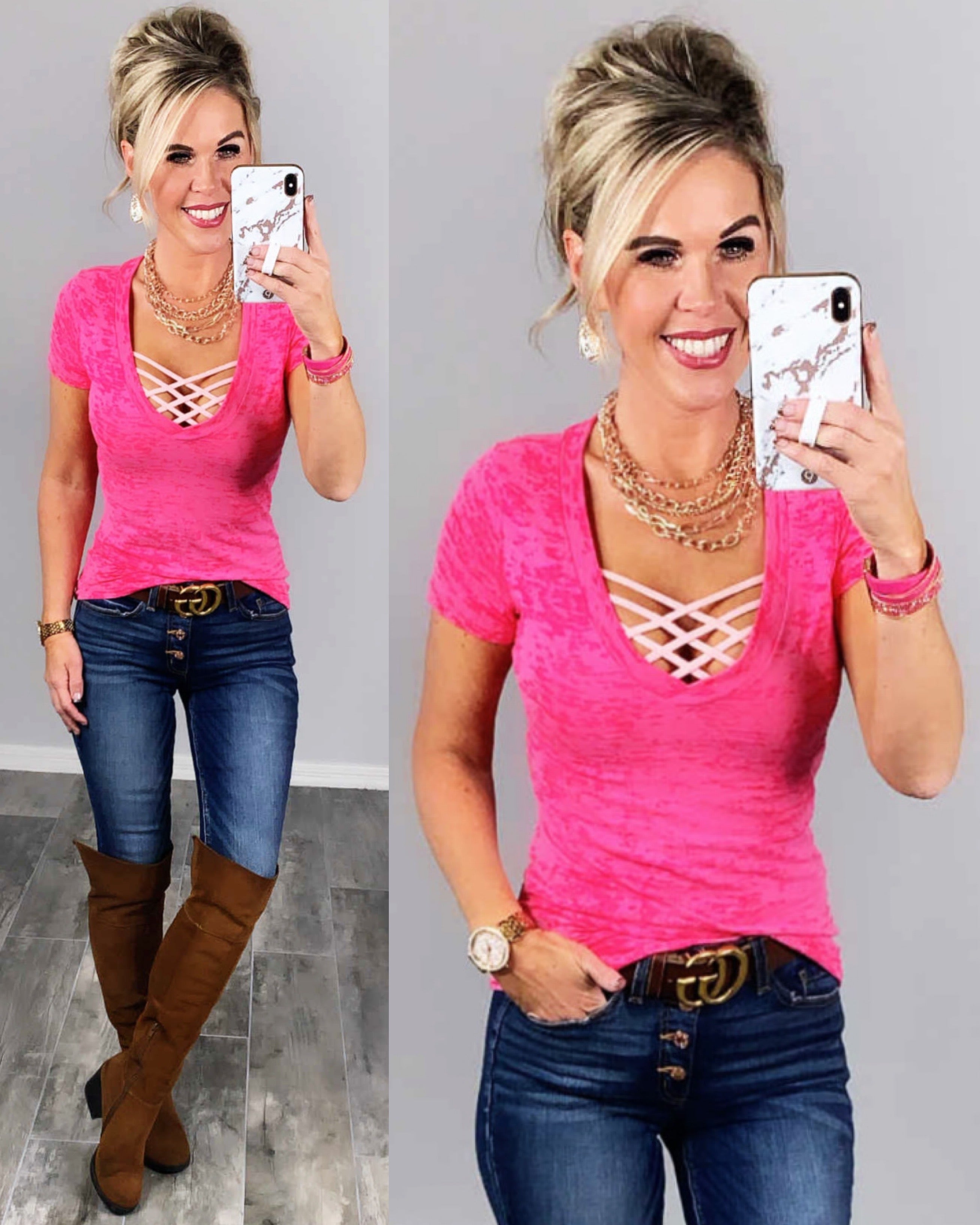 BASIC BURNOUT DEEP V-NECK TEE - FUSCHIA