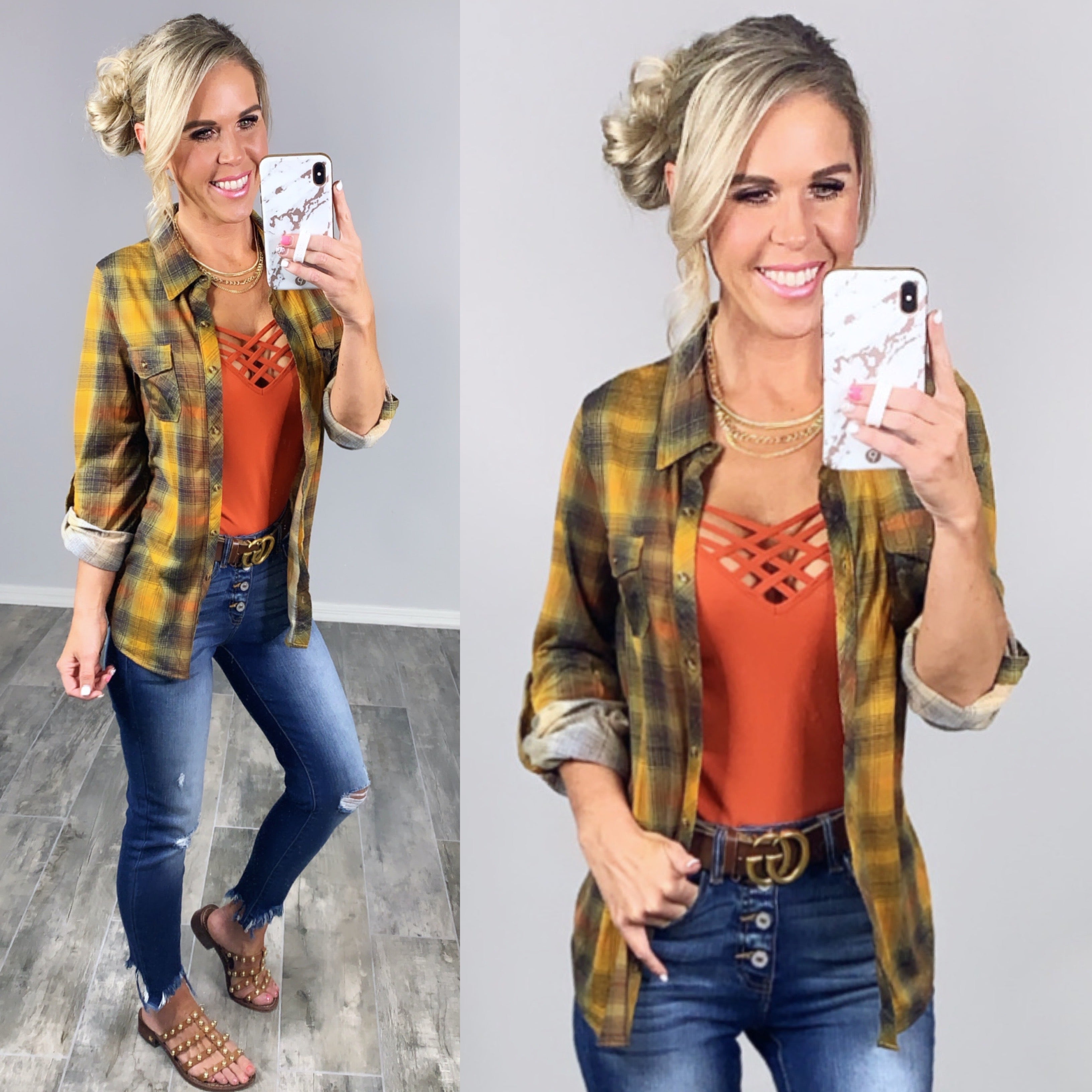 Penny Plaid Flannel Top - Mustard Multi