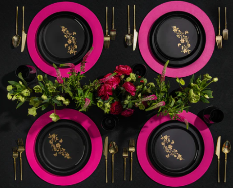 Black and Gold Round Plastic Dinnerware Set