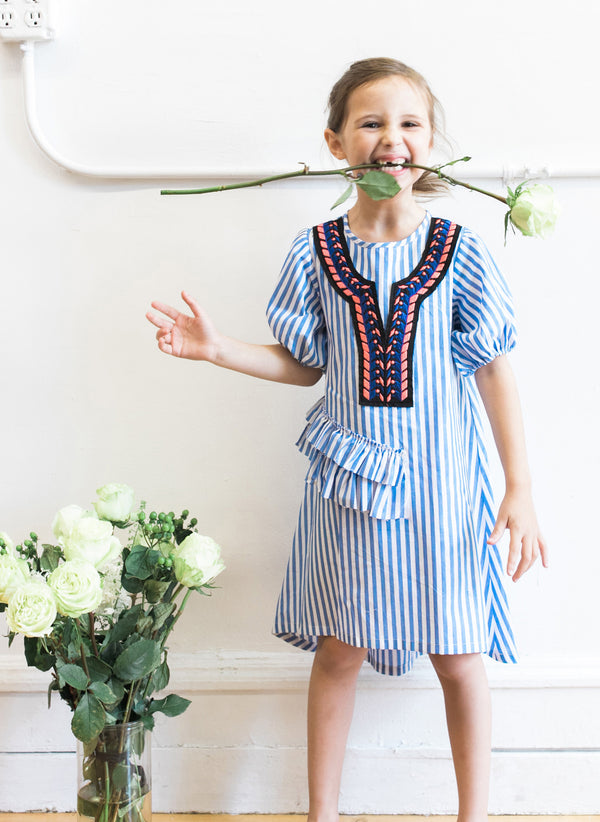 Vierra Rose Freya Pretty Neckline Dress Blue and White Stripes