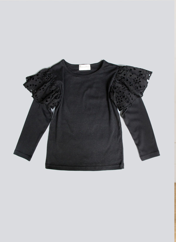 Vierra Rose Hazel Eyelet Ruffle Knit Top in Black