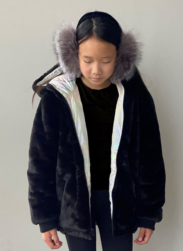 Vierra Rose Jusuf Reversible Jacket in Black Faux Fur/Pearl Iridescent