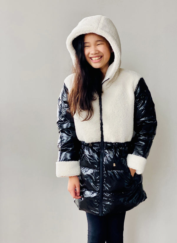 Vierra Rose Toda Faux Shearling Combo Coat in Black/White