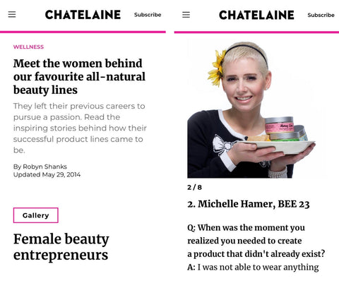 Michelle Rosetta featured in Chatelain as a business owner holding the BEE23 Natural Beauty product line
