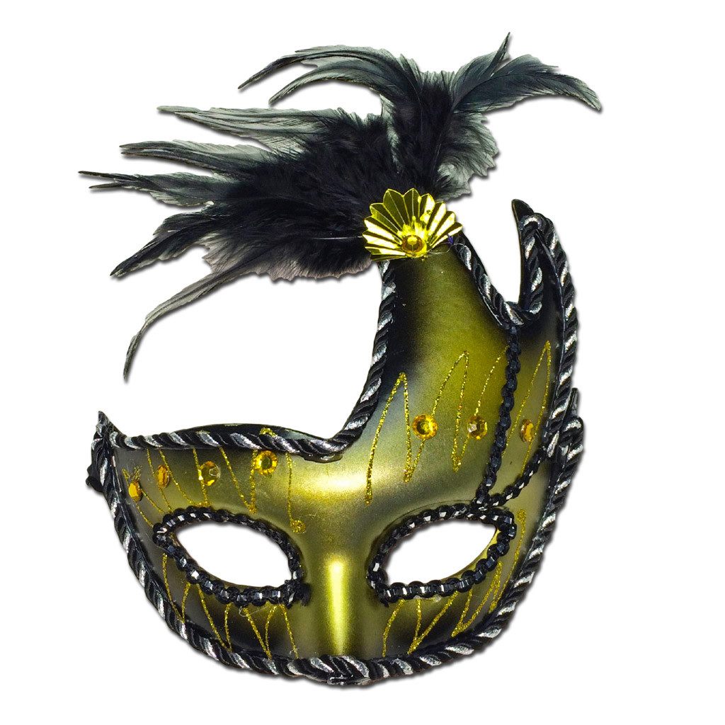 Gold & Black Winged Masquerade Mask With Feathers