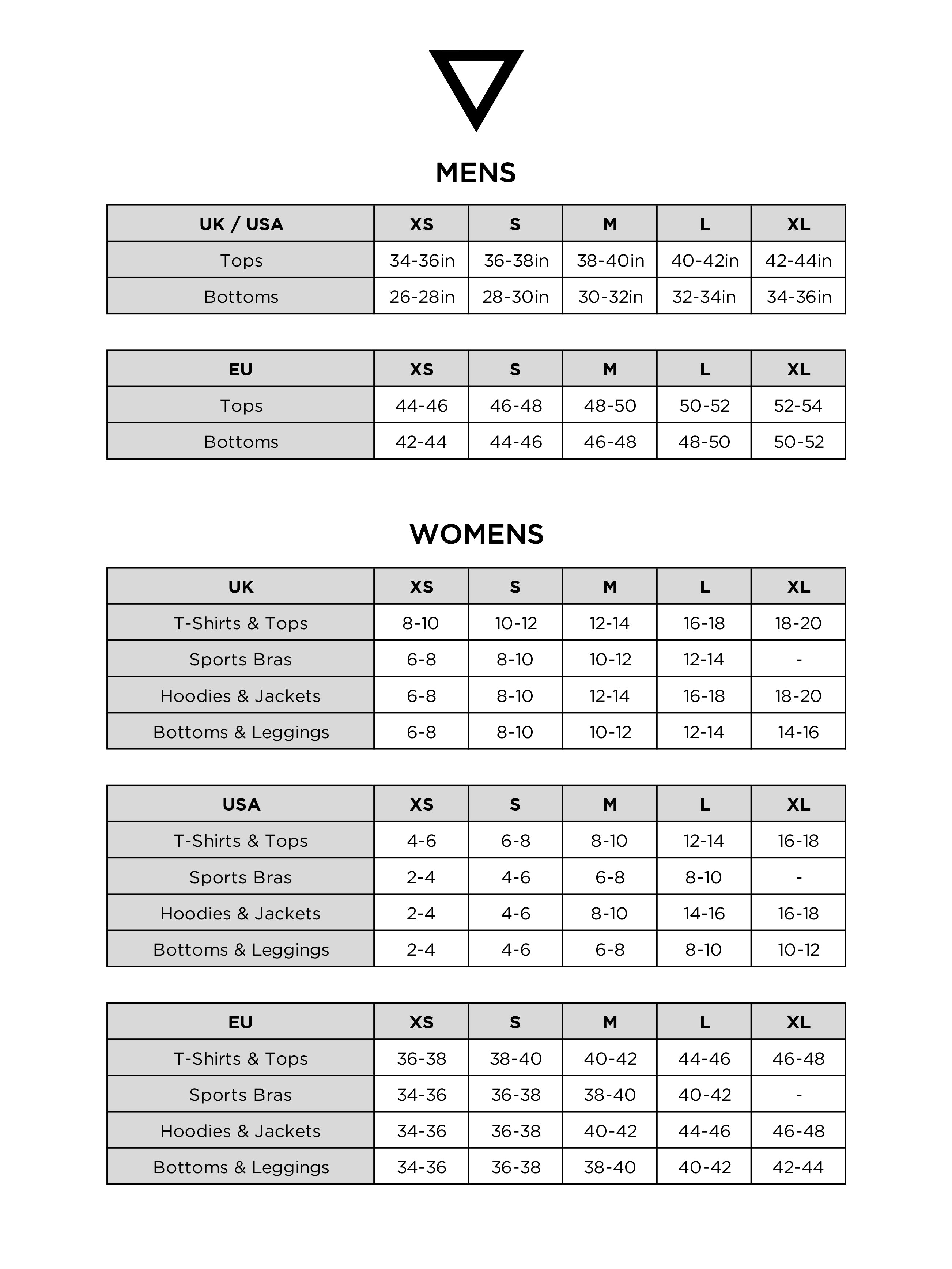 Size Guide, Size Measurements for Tops & Leggings