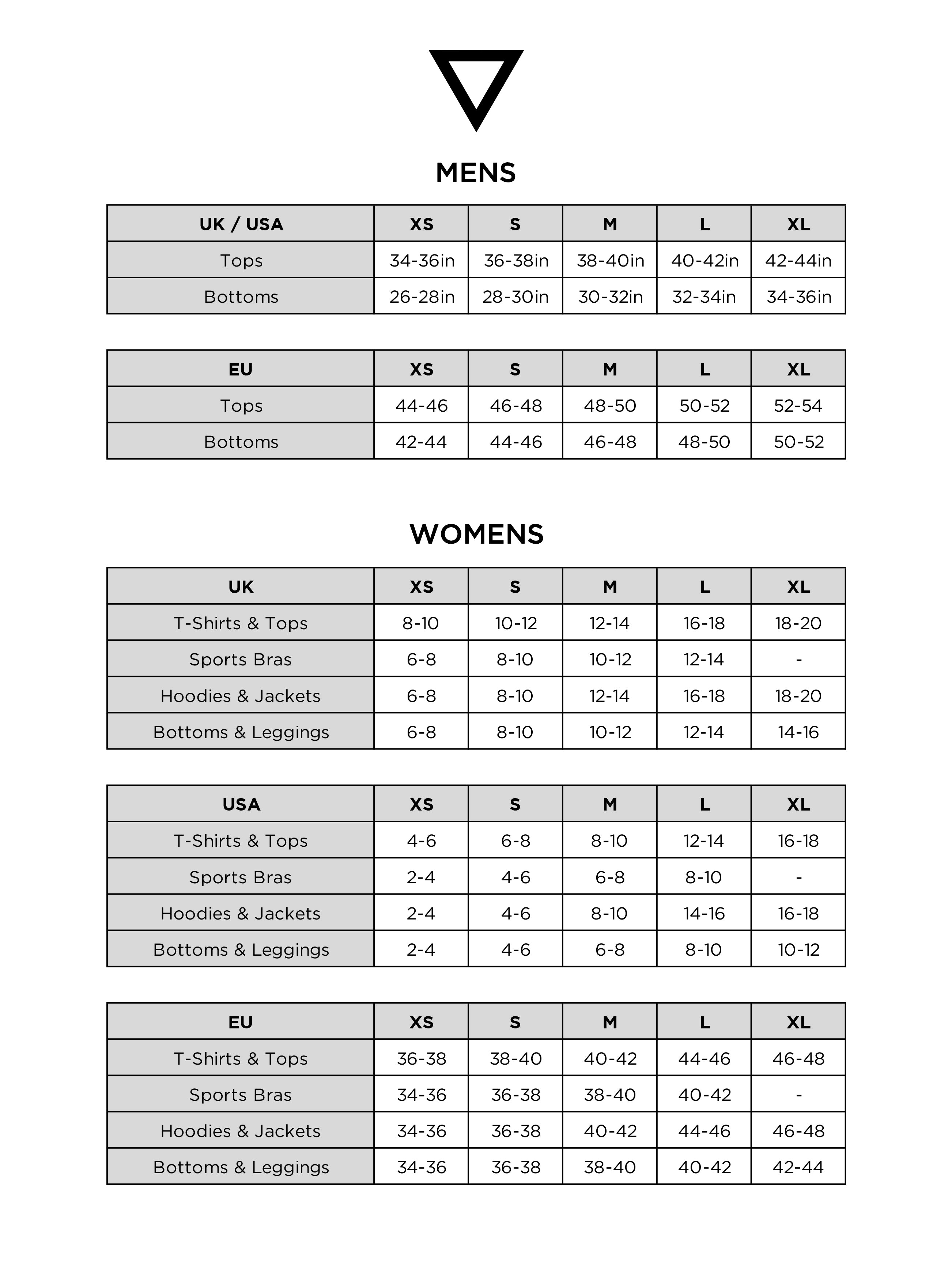 Gym Clothing Size Chart And Guide - GYMVERSUS