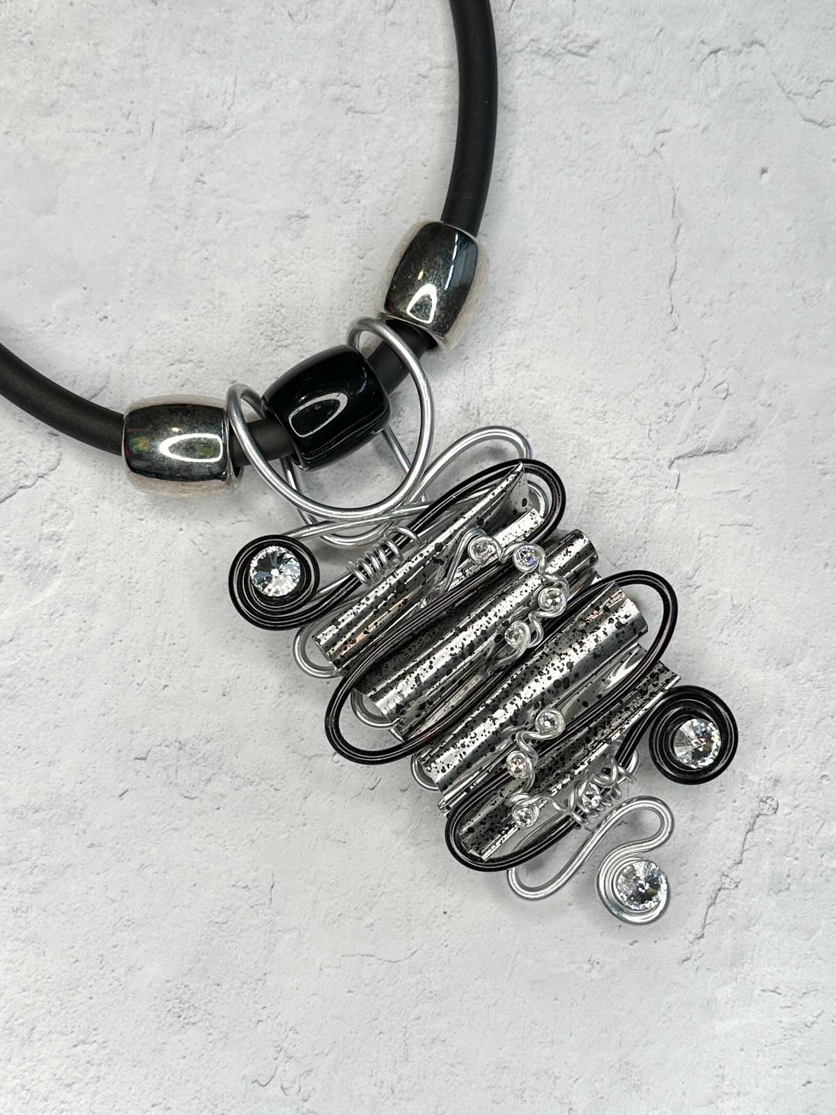 Piano Wire Multi Sleeve Necklace, Silver & Black