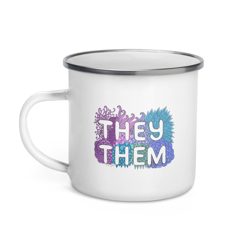 They/Them Pronouns Pastel Doodles -- Enamel Mug