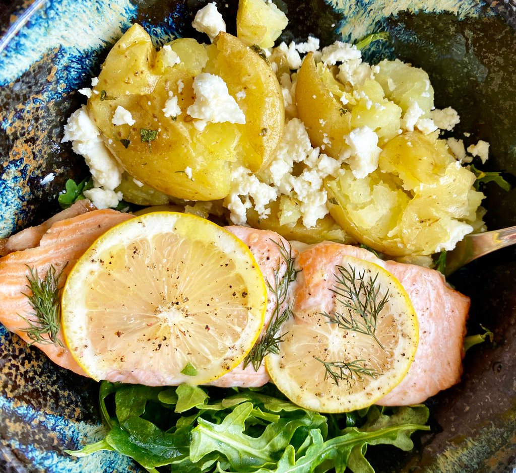 Roasted Salmon and Crispy Lemon-Feta Potatoes