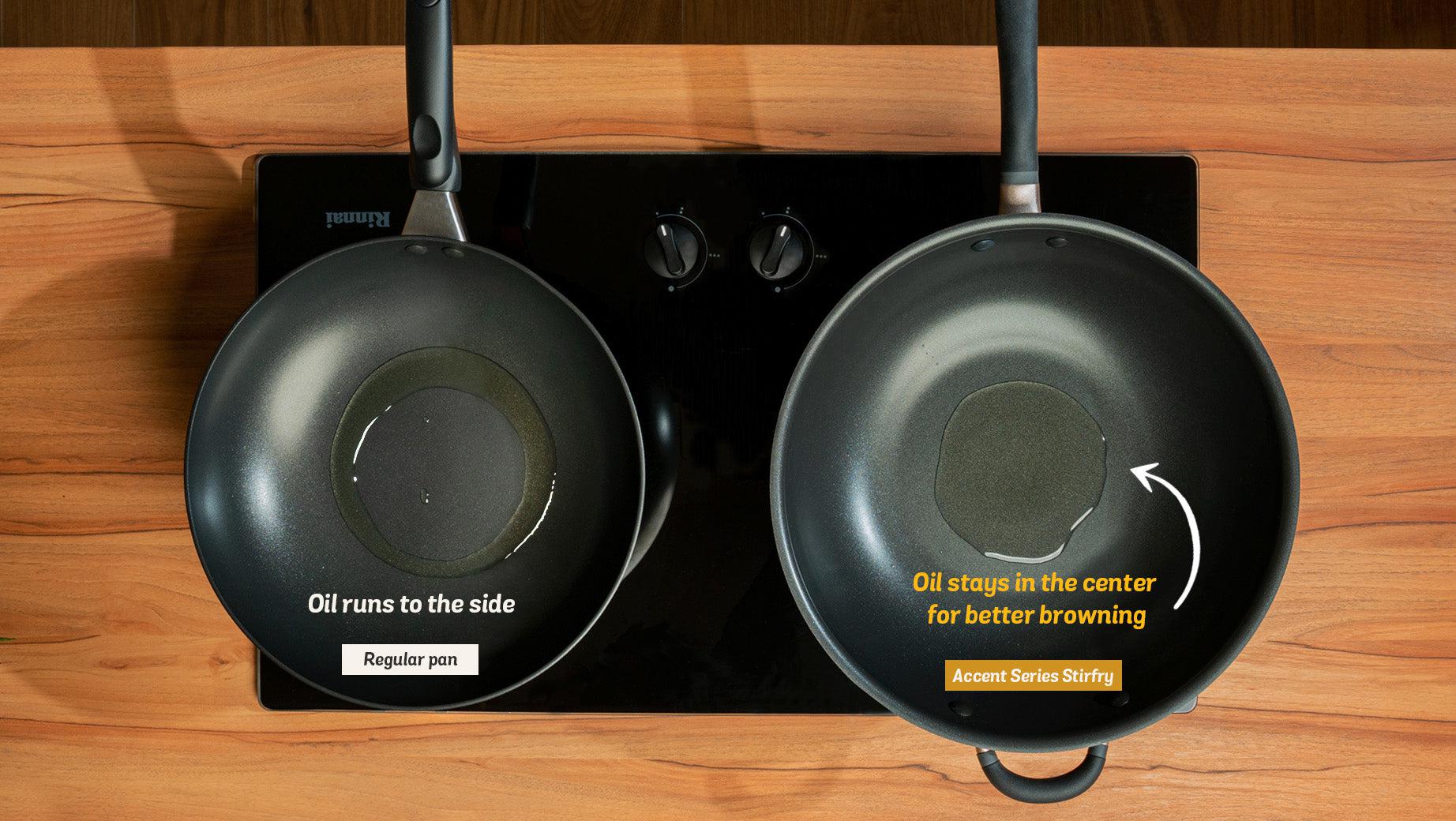 Comparing the Meyer nonstick stirfry pan with a regular pan to illustrate the oil stays in the center in the Meyer pan for better bronwing while oil tends to spread to the outer edges in the regular pan