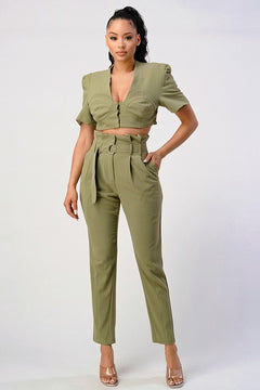 Two Piece Olive Hue Cropped Top And Belted Pant Set