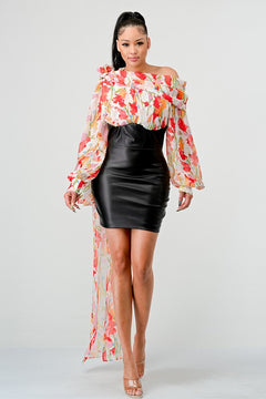 Off-Shoulder Floral Leather Mini Dress