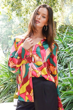 Retro Print Button-up Long-sleeved Satin Blouse