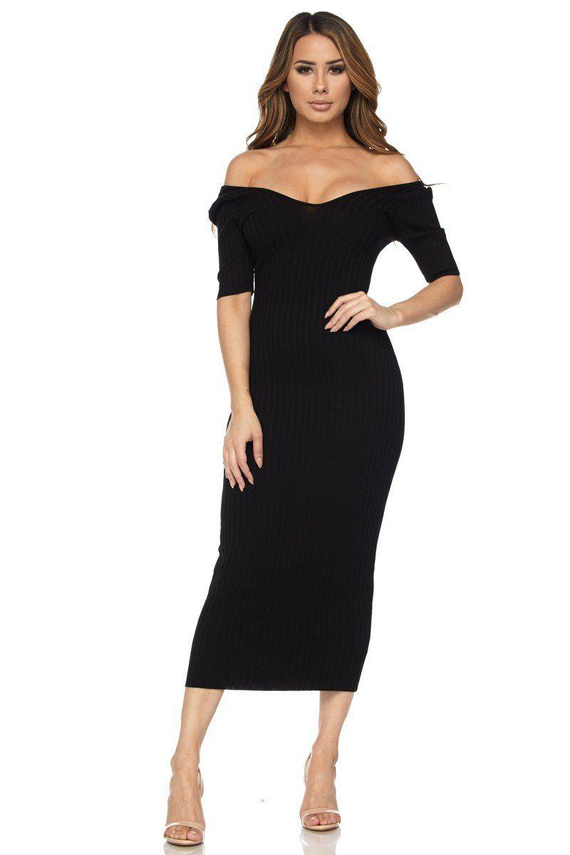 Black Half Sleeve Off Shoulder Ribbed Midi Dress – Brandscovery