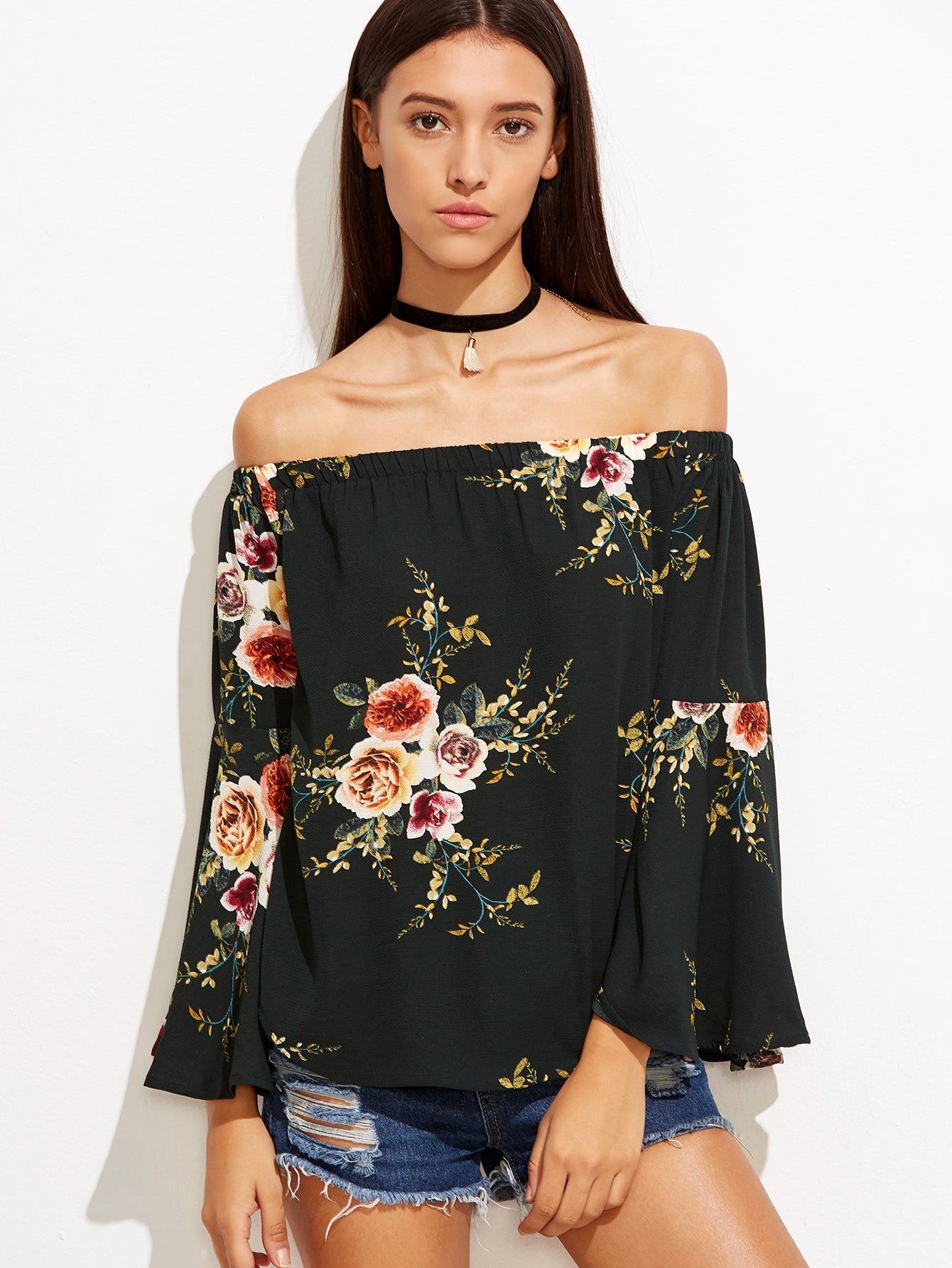 black floral off the shoulder top