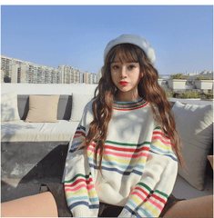 Cute Rainbow Striped Print Knit Sweater