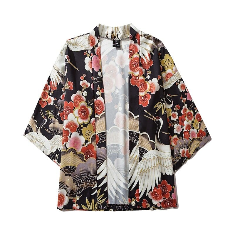 Kirschblüten- und Kranich-Kimono mit 3/4-Ärmeln