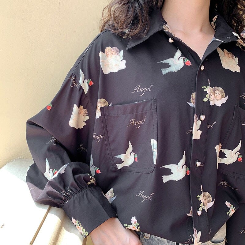 Harajuku Angel Print Damen Vintage Elegante Bluse