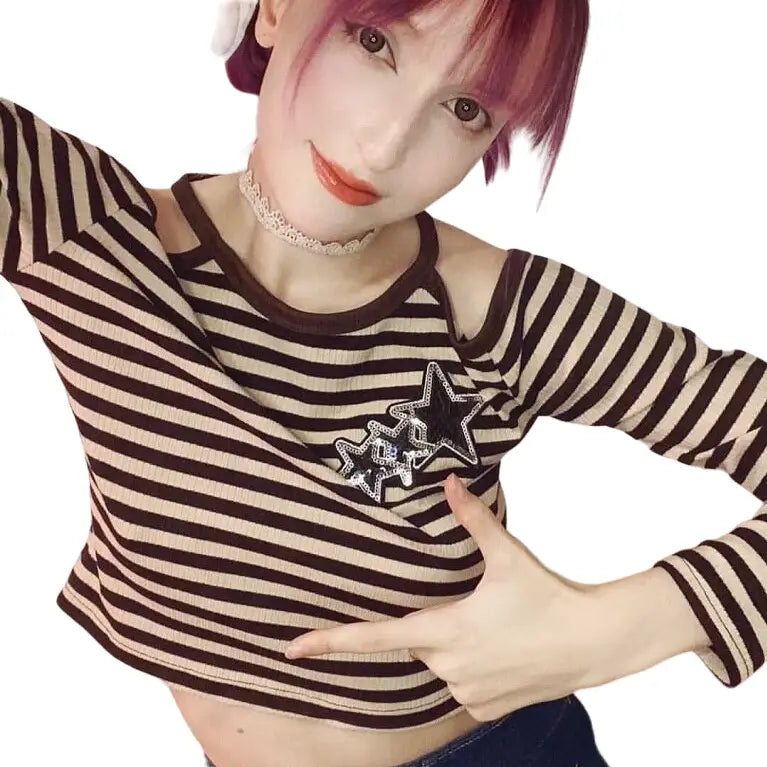 Y2k Harajuku Gestreiftes T-Shirt Off Shoulder Crop Top