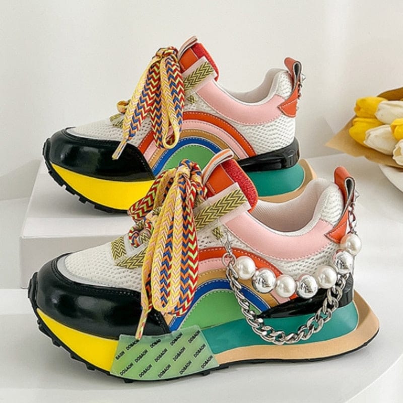 Patchwork Pearl Y Chain Platform Sneakers