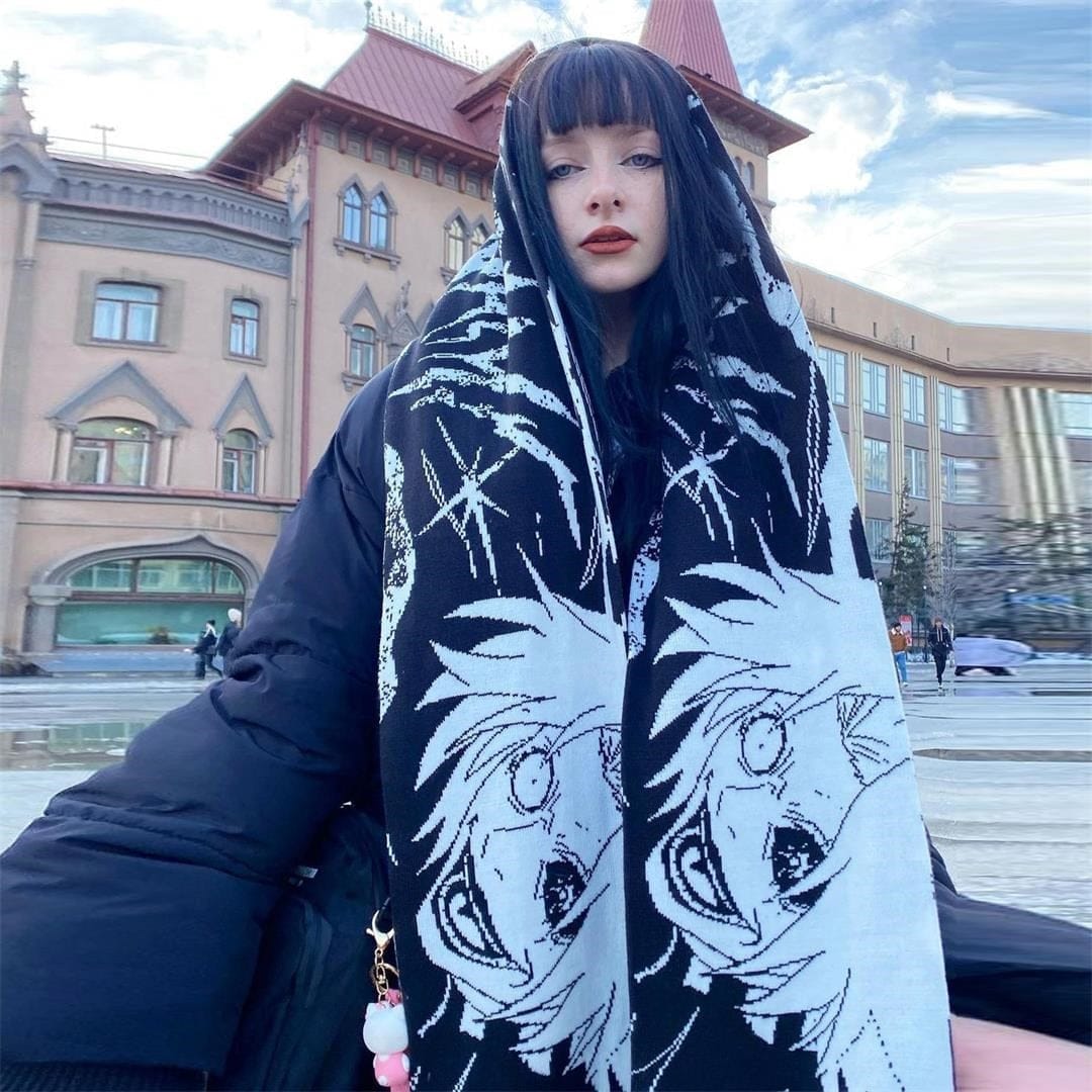 Japanese Anime Knitted Black And White Scarf