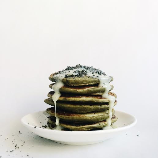 Easy matcha homemade pancakes recipe topped with condensed milk