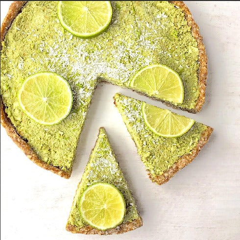 Matcha Green Tea Lime Tart Vegan Raw recipe with lime zet and coconut topping