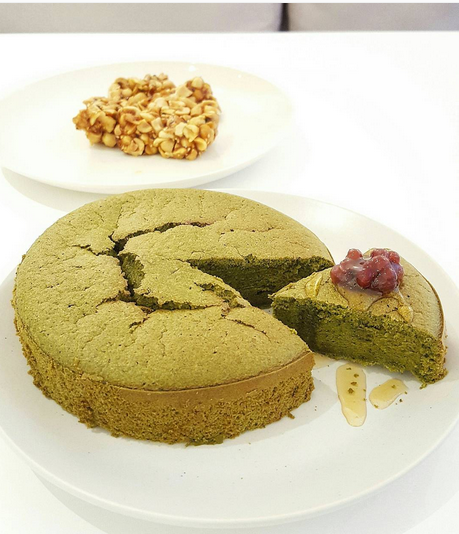 Matcha Green Tea Homemade Cake with red bean twisted with honey for topping