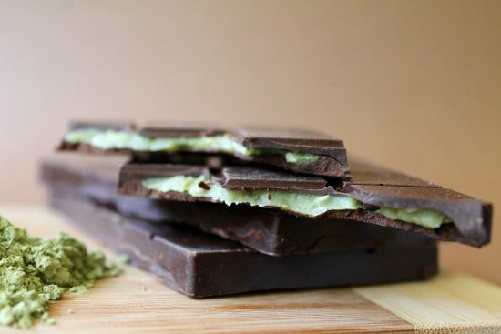 Matcha green tea ganache filled dark chocolate is handmade and perfect for school or work snack
