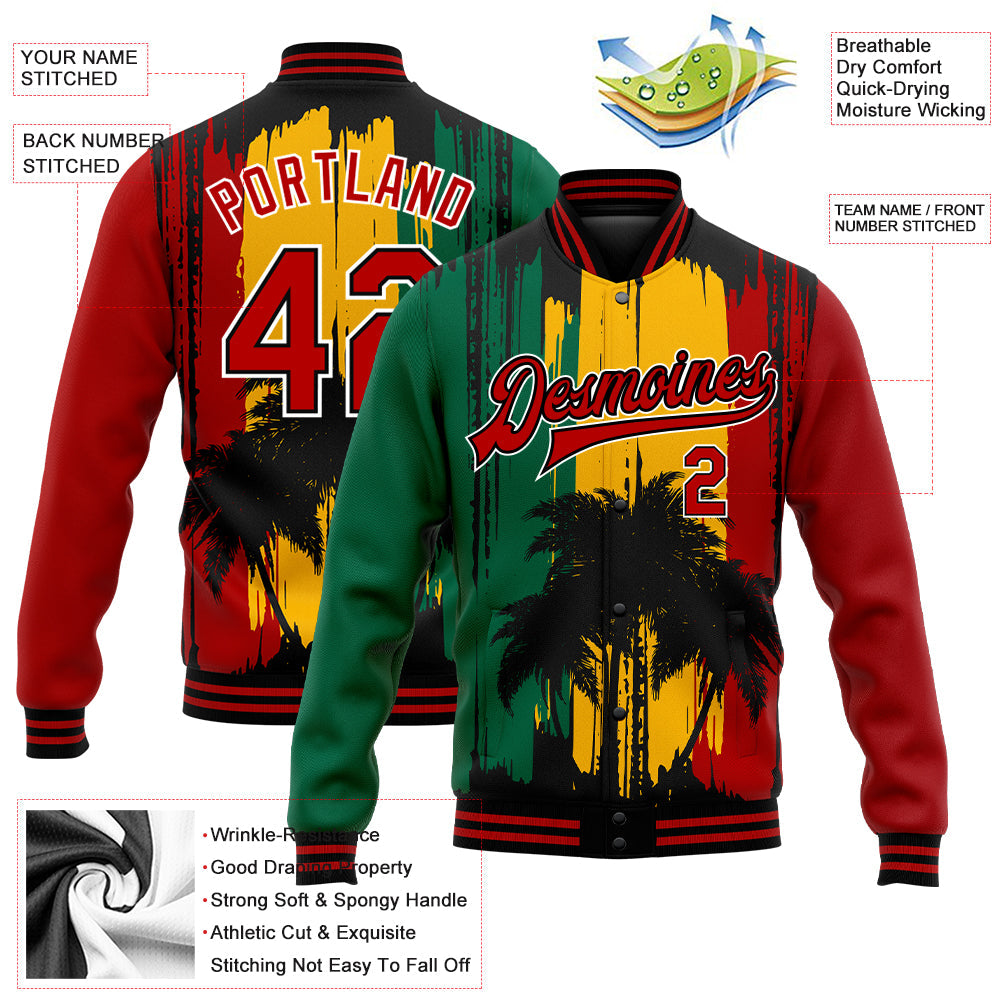 Custom Gold Red Black-Kelly Green Black History Month Hawaii Palm Trees 3D Pattern Design Bomber Full-Snap Varsity Letterman Jacket