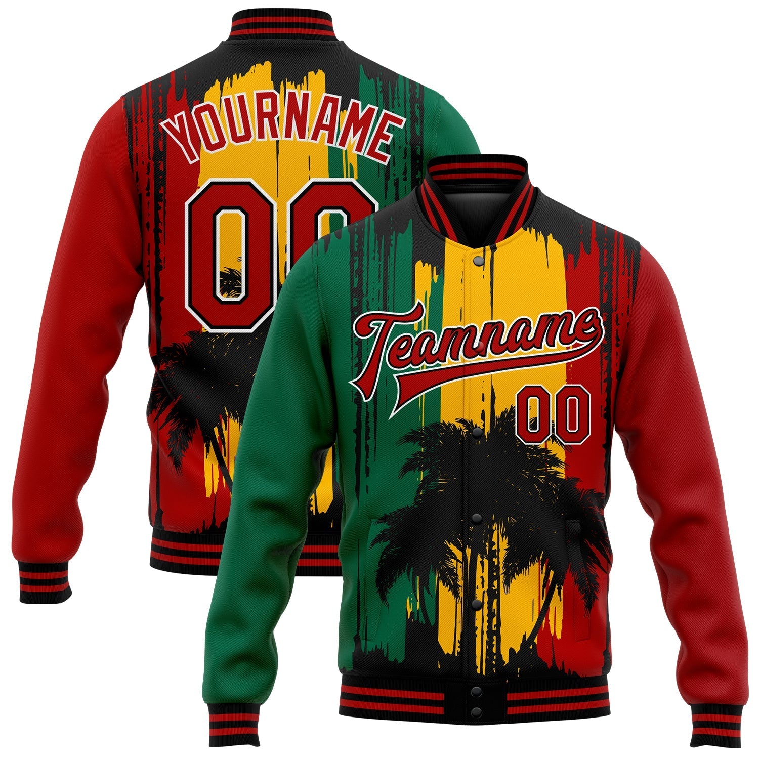 Custom Gold Red Black-Kelly Green Black History Month Hawaii Palm Trees 3D Pattern Design Bomber Full-Snap Varsity Letterman Jacket