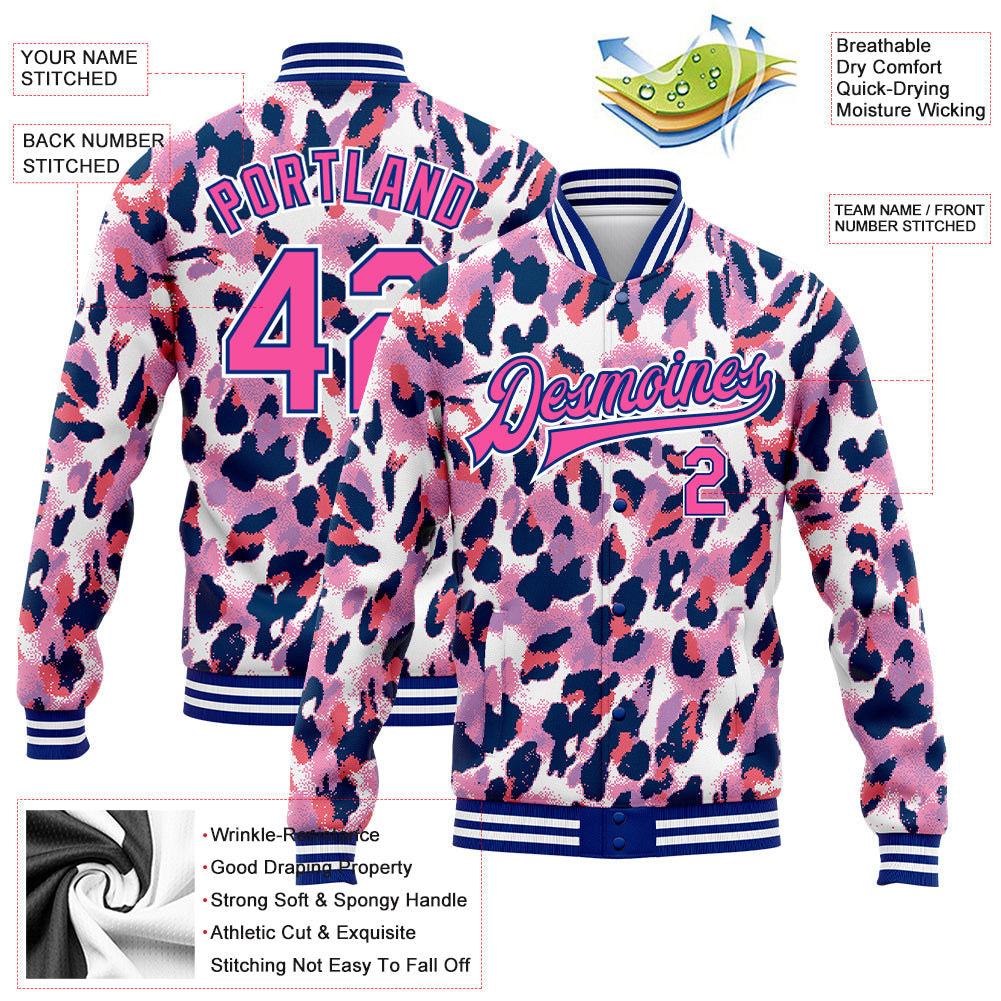 Custom White Pink-Royal Leopard Print 3D Pattern Design Bomber Full-Snap Varsity Letterman Jacket