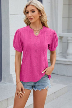 The Gracelyn Eyelet Notched Puff Sleeve Blouse
