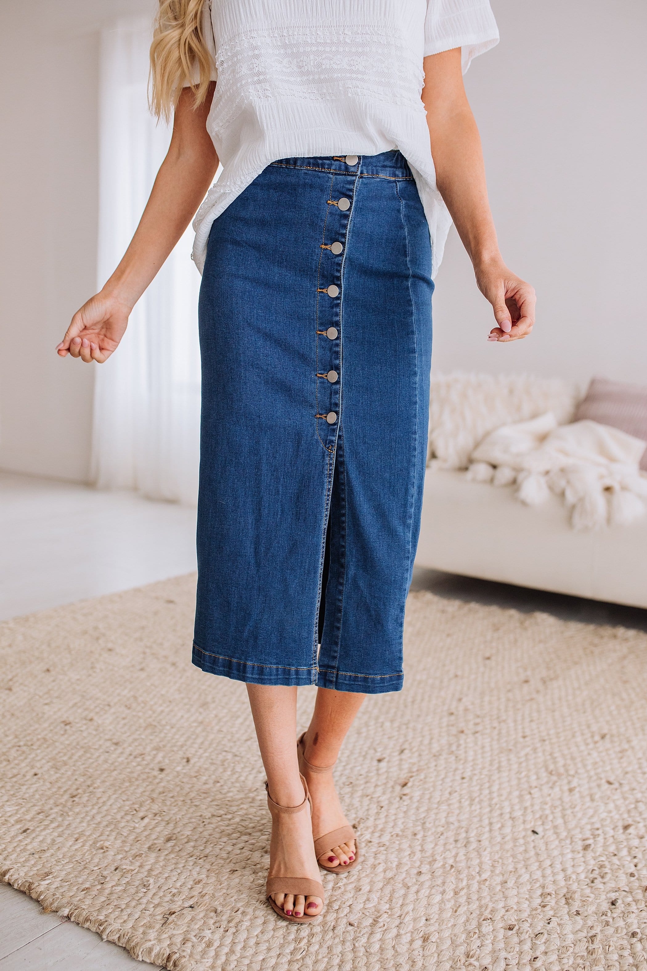 button down denim midi skirt