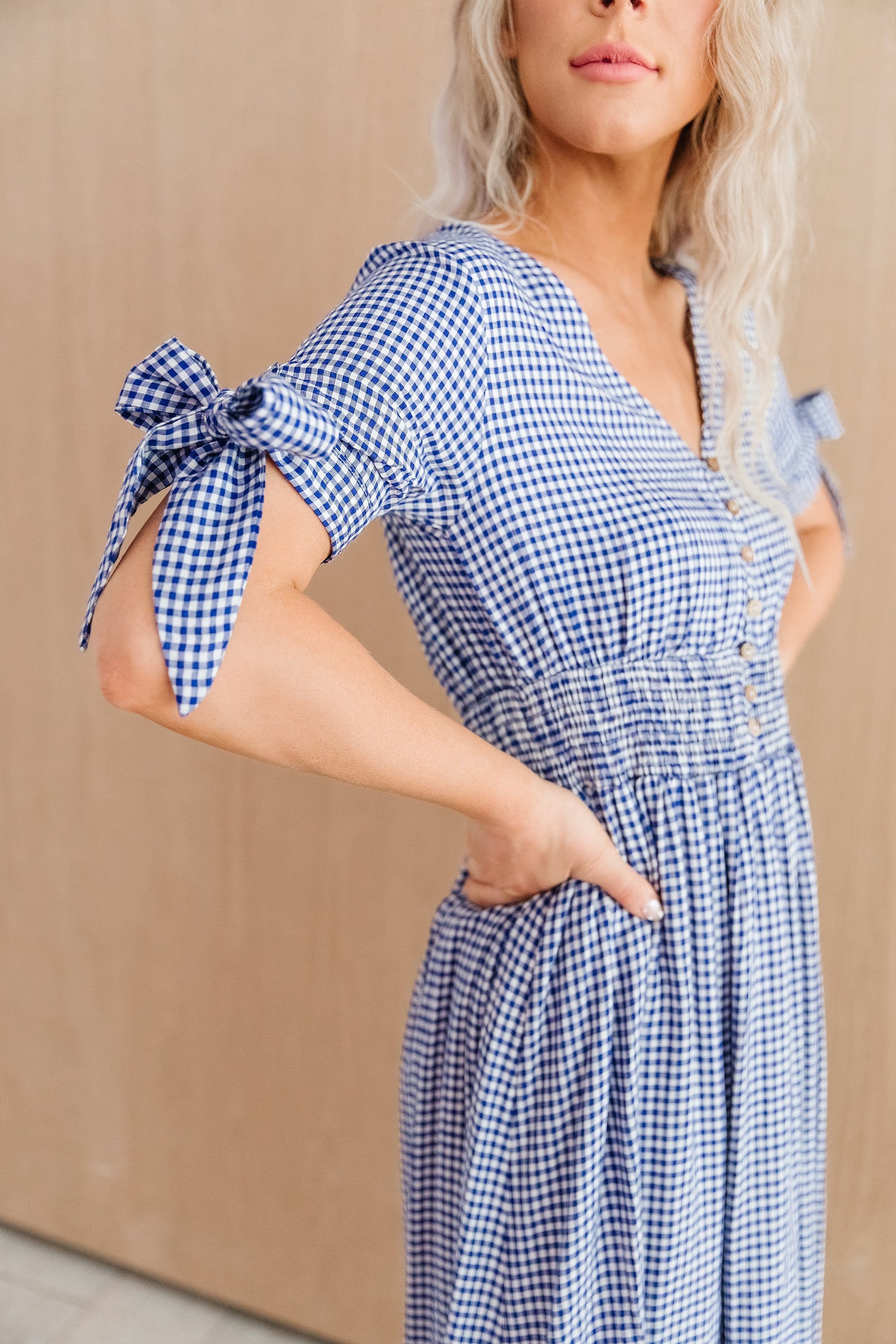 blue gingham midi dress